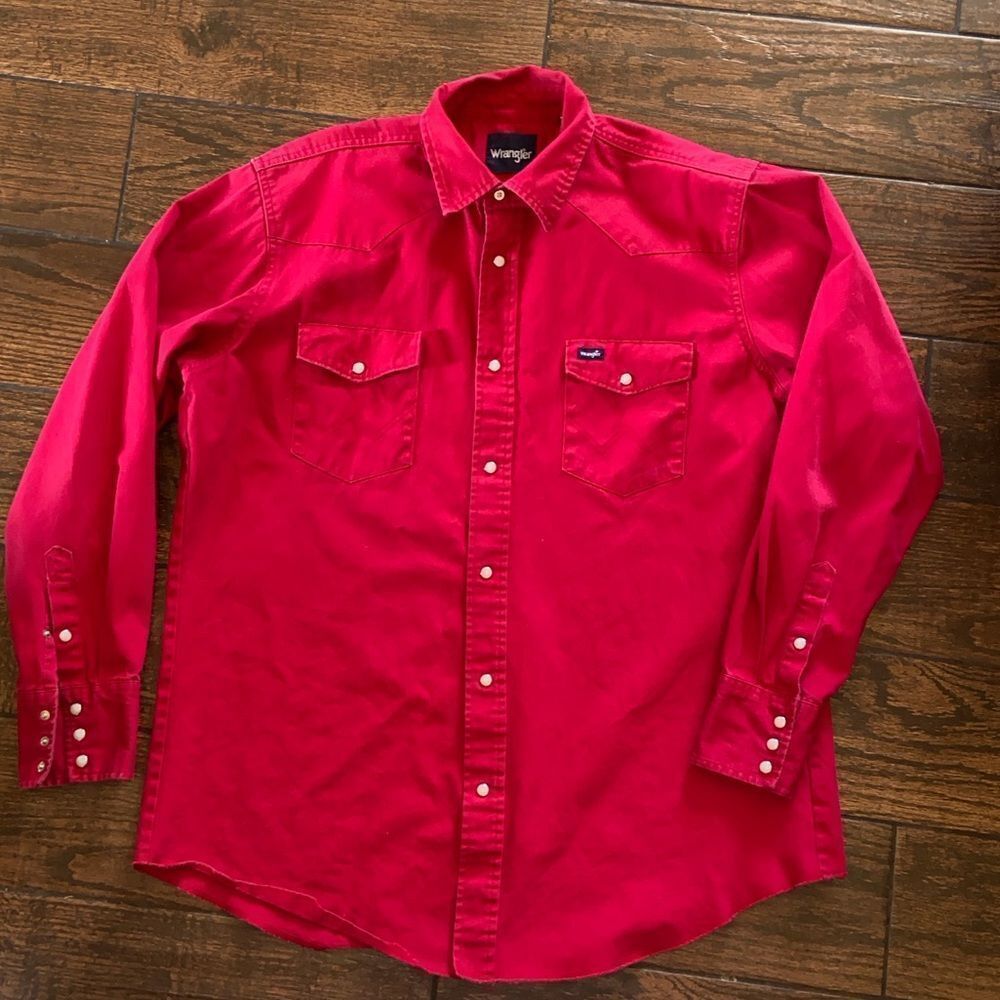 Vintage Wrangler Men's Bright Red Casual Button Down Shirt Sz,XL Western Cowboy